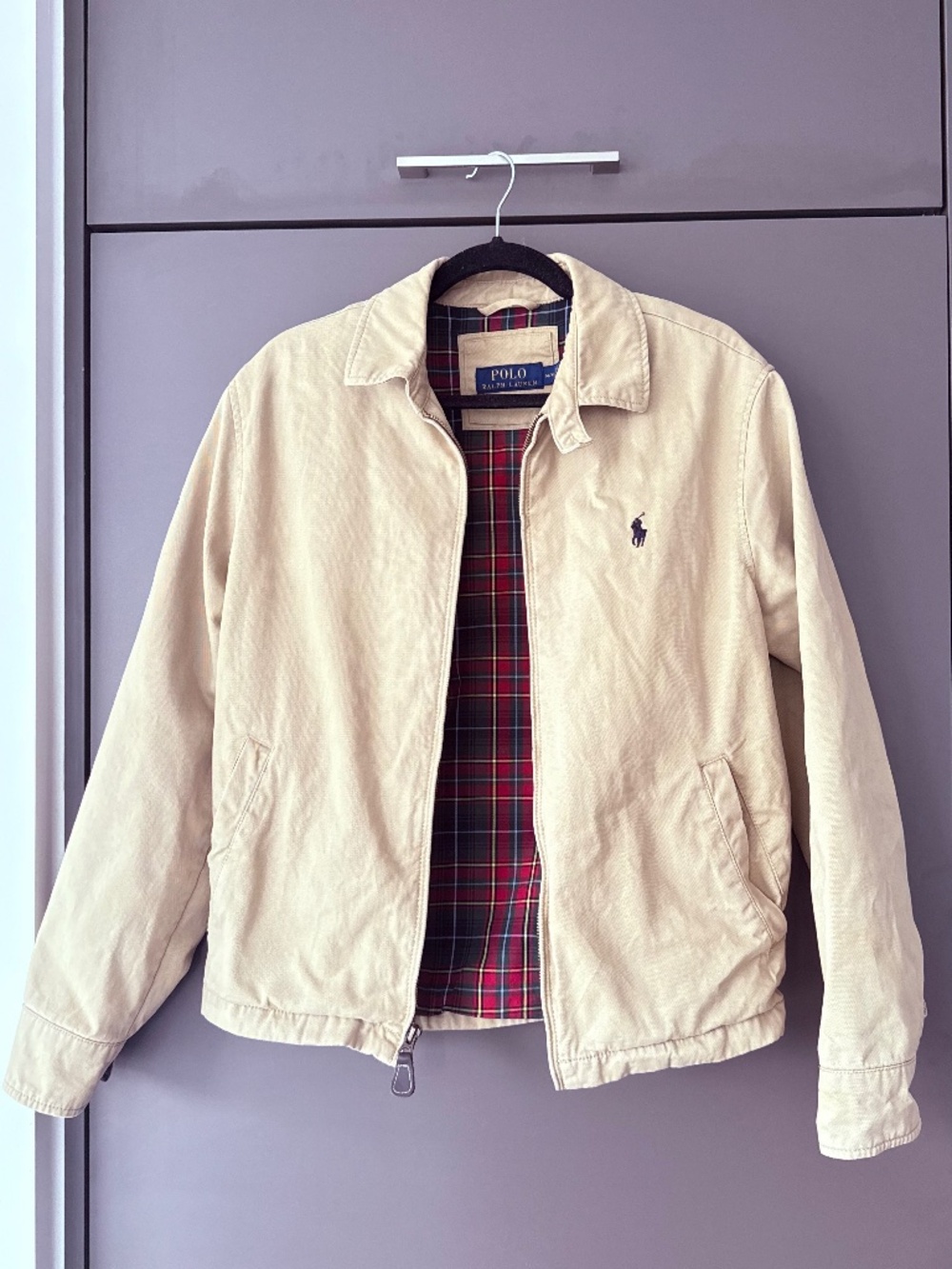 Polo Ralph Lauren Beige Cotton Harrington Jacket Plaid Lined Size M Ralph Lauren